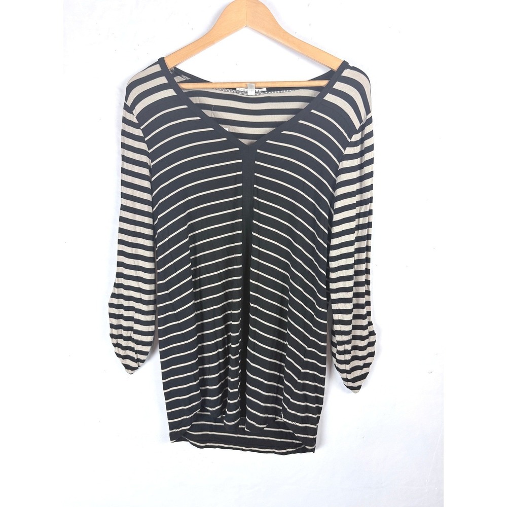 2/$30 Spense Black Tan Striped V-Neck 3/4 Sleeve Top Medium